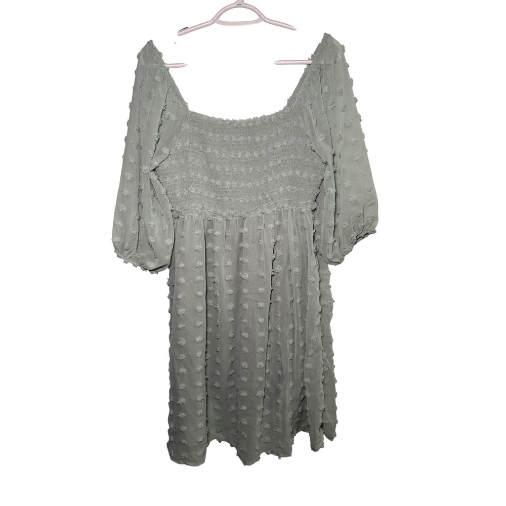 MIHOLL Sage Green Swiss Dot Smocked Square Neck Puff Sleeve Dress Large Cottage